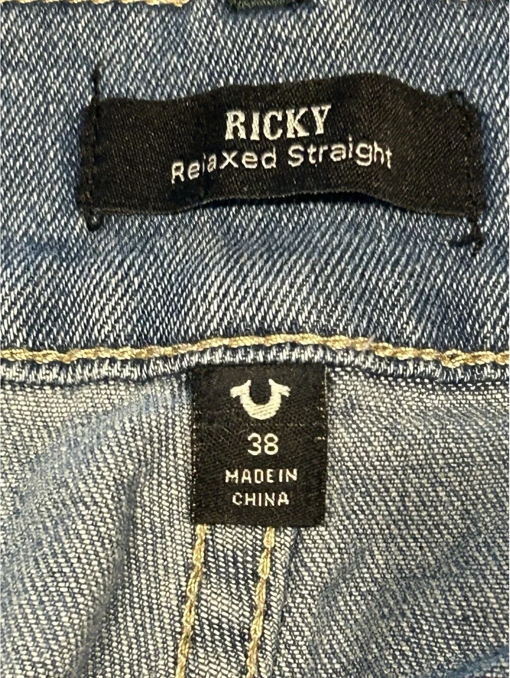 True Religion Ricky Relaxed Straight Jeans Mens 38 Light Wash Flap Pocket Denim